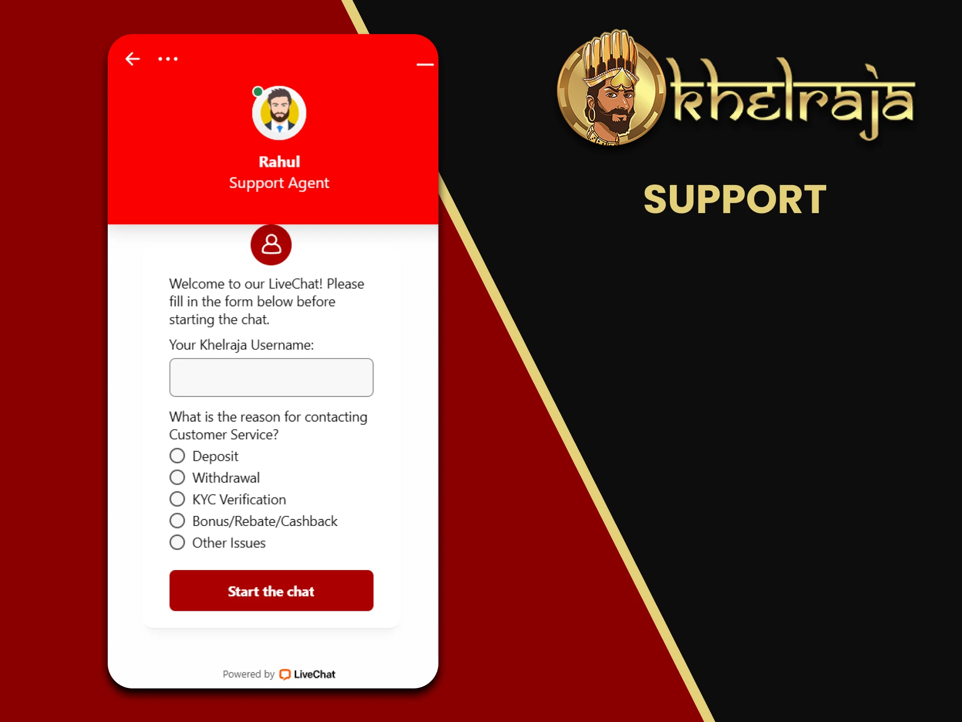 The Khelraja website has live chat support.