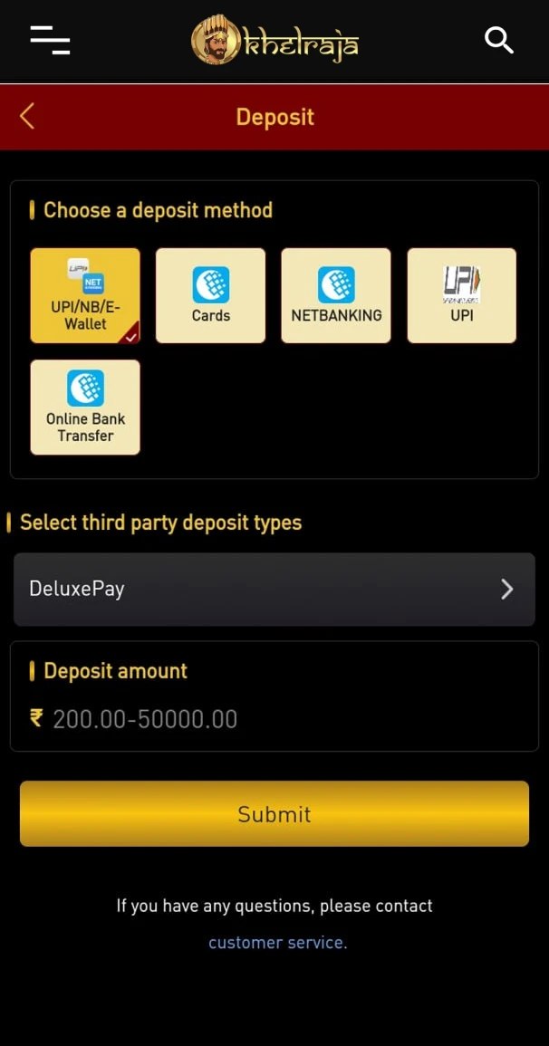 Select your deposit method on Khelraja.