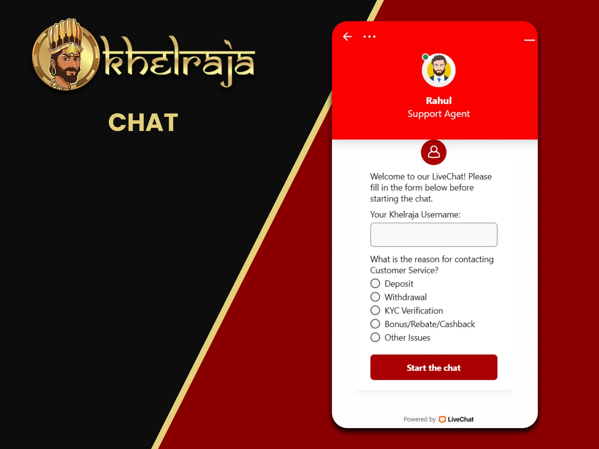 The Khelraja website has live chat support.